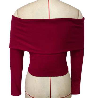 Top in Wine Red with Draped Bardot Neck - wine red back flat view