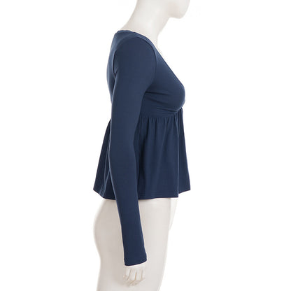 Long Sleeve Babydoll Top in Navy with Lace-Trim V-Neck - navy side profile view