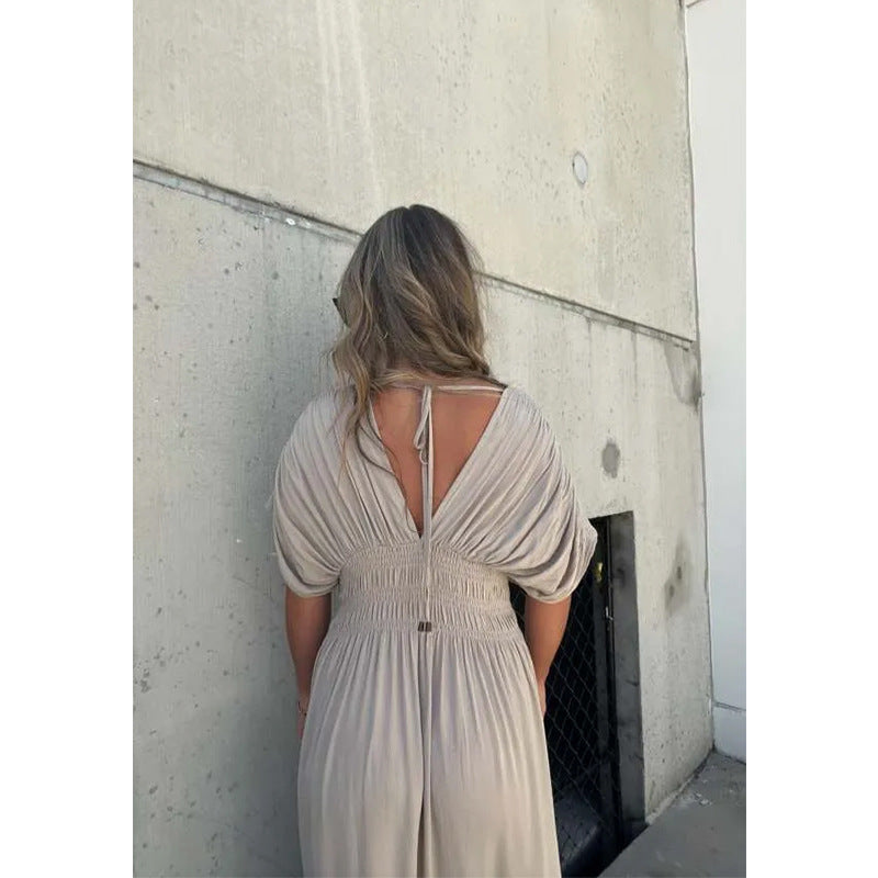 Maxi Dress with Batwing Sleeves, V-Neck and Side Slit - khaki back view