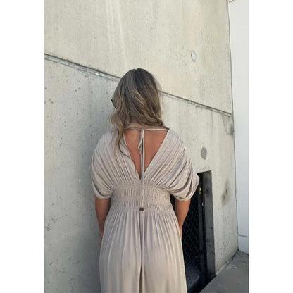 Maxi Dress with Batwing Sleeves, V-Neck and Side Slit - khaki back view