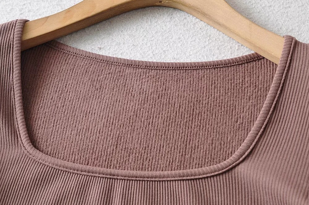 Long-Sleeve Square-Neck Brushed Rib Bodysuit - Deep Khaki square neckline detail
