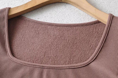 Long-Sleeve Square-Neck Brushed Rib Bodysuit - Deep Khaki square neckline detail