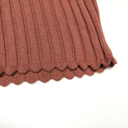 Top in Coffee with Ribbed High Neck and Scalloped Trim - coffee scalloped hem detail