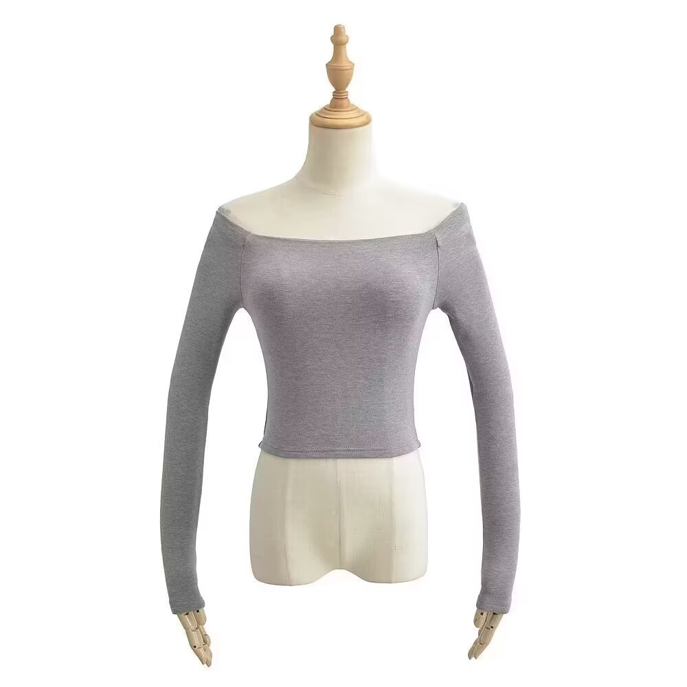 Bardot Long Sleeve Crop Top in Black, White and Neutrals - grey mannequin front view
