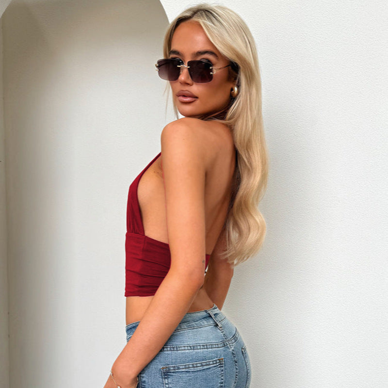 Halter Crop Top with Open Back - red side and back view
