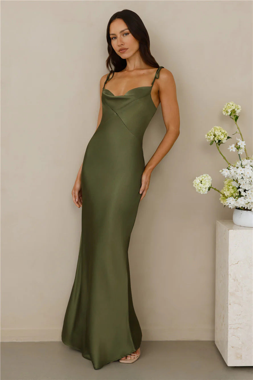 Maxi Dress in Satin with Tie-Shoulder Straps - Khaki front view