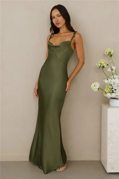 Maxi Dress in Satin with Tie-Shoulder Straps - Khaki front view