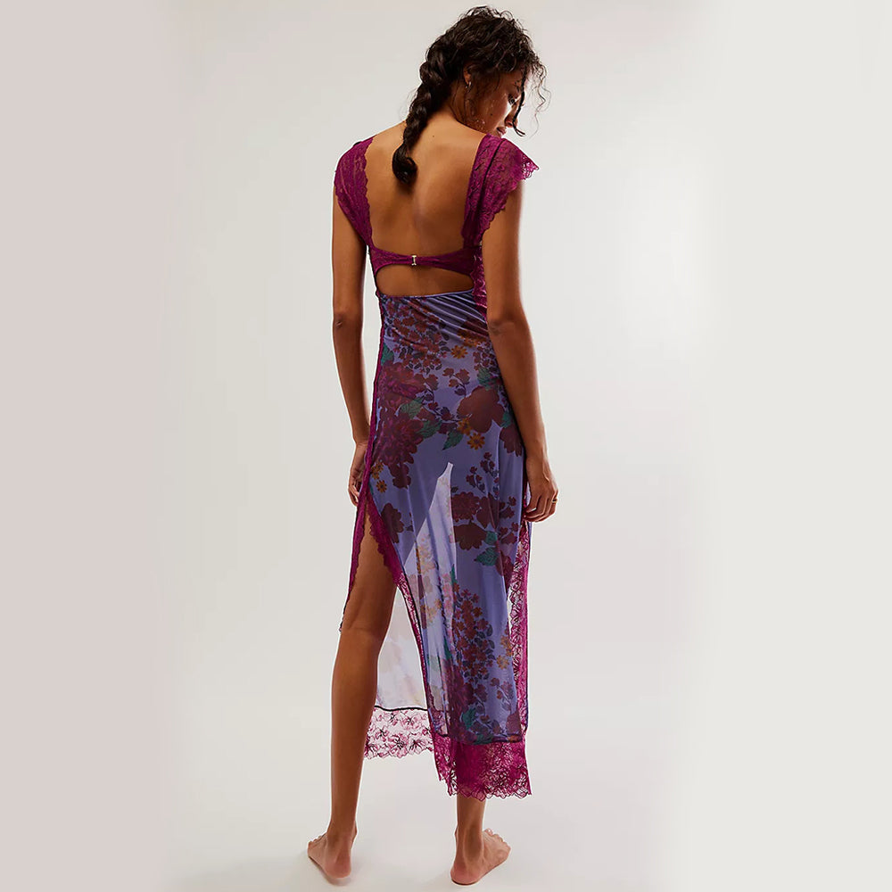Maxi Dress with Lace Bodice and Floral Print - purple back view