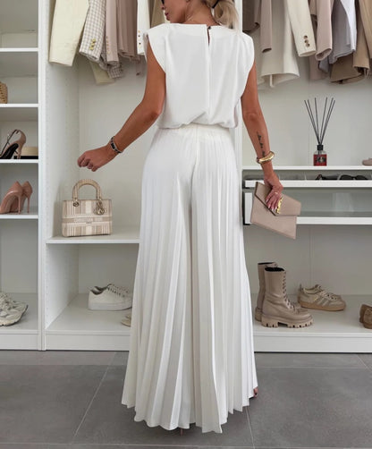 Pleated Wide-Leg Trouser & Sleeveless Top Co-ord Set — white, back view showing pleated drape