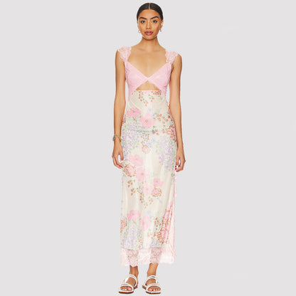 Maxi Dress with Lace Bodice and Floral Print - pink front view