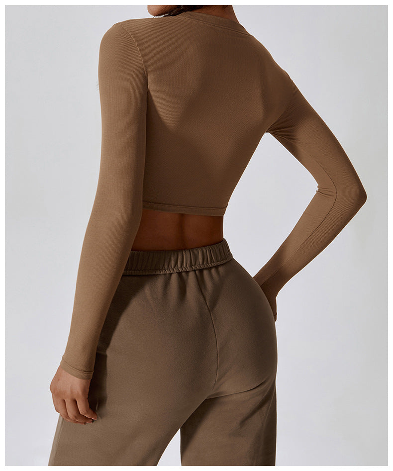 Crop Top with Thumbhole Cuffs in Quick-Dry Stretch - Caramel Mocha back view