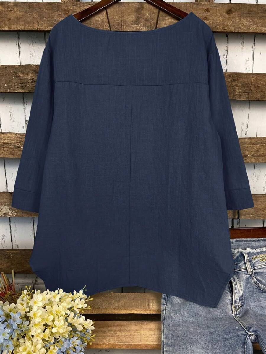Blouse Tunic with Dipped Hem and Front Pocket - navy back view