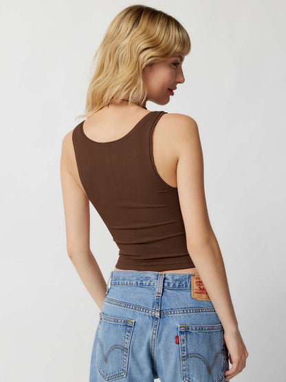 Crop Vest Top with Square Neck and Ribbed Stretch - coffee back view