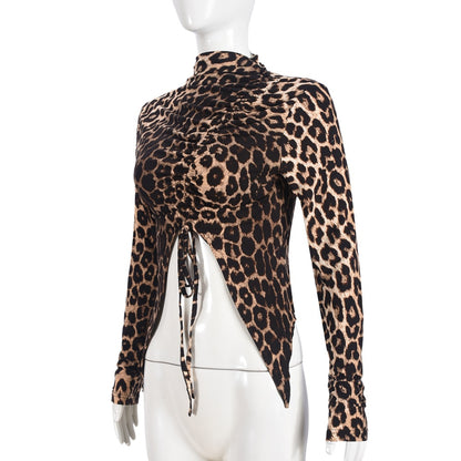 Mesh Top in Leopard Print with Drawstring Front - leopard print back garment view