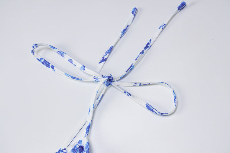 Maxi Dress in Blue Ditsy Floral Print with Tie Straps - tie strap detail