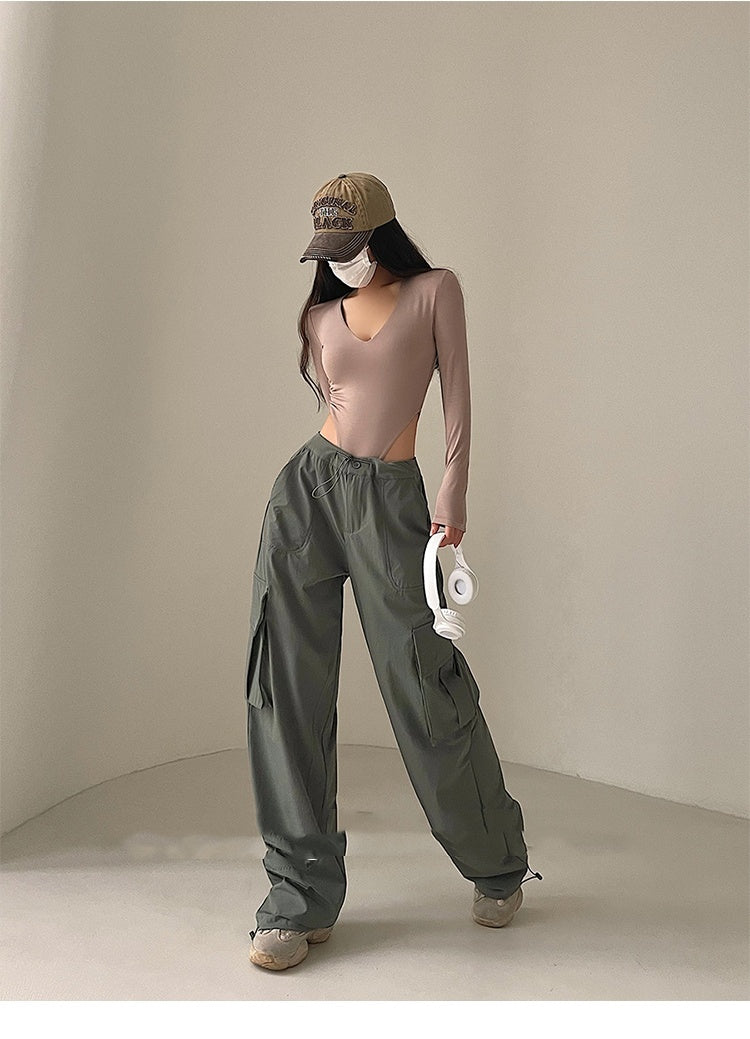 Bodysuit with V-Neck and Long Sleeves in Stretch Cotton - khaki hero full-length view