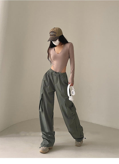 Bodysuit with V-Neck and Long Sleeves in Stretch Cotton - khaki hero full-length view