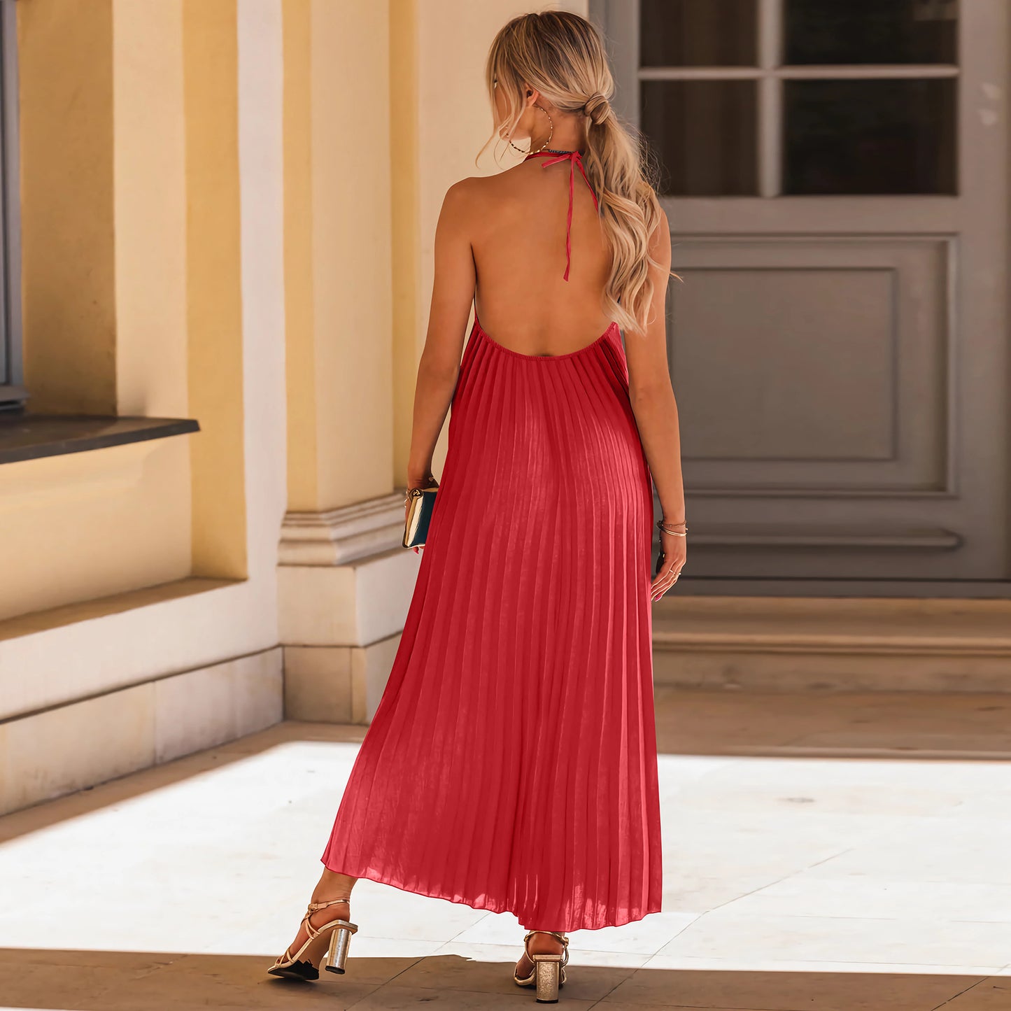 Maxi Dress in Pleated A-Line with Open Back - red back view