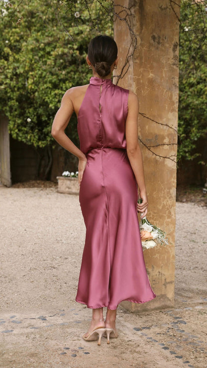 Maxi Dress with Draped Halterneck and Satin-Feel Finish - Burgundy back view