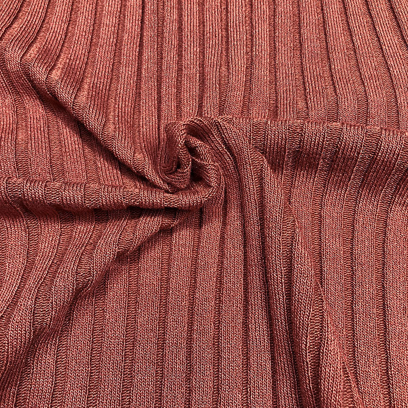 Top in Coffee with Ribbed High Neck and Scalloped Trim - coffee ribbed fabric close-up