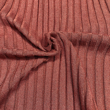 Top in Coffee with Ribbed High Neck and Scalloped Trim - coffee ribbed fabric close-up