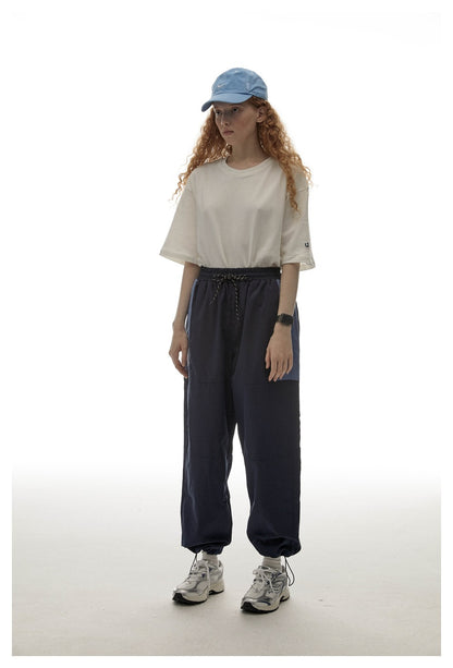 Navy Contrast-Pocket Ankle-Tie Sports Trousers - full front outfit view