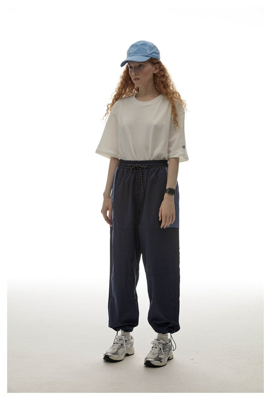 Navy Contrast-Pocket Ankle-Tie Sports Trousers - full front outfit view