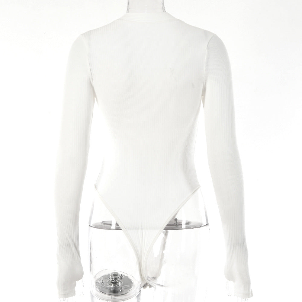 Bodysuit in Ribbed Cotton with Deep V Neck - white back mannequin view