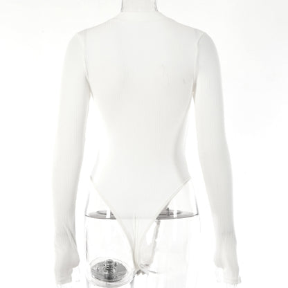 Bodysuit in Ribbed Cotton with Deep V Neck - white back mannequin view