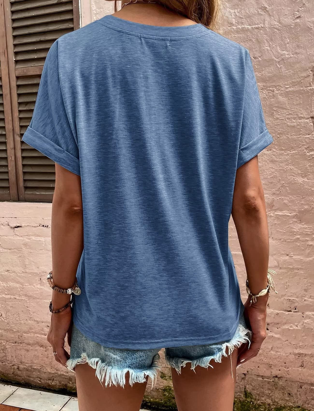 T-Shirt with V-Neck and Button Detail - blue back view