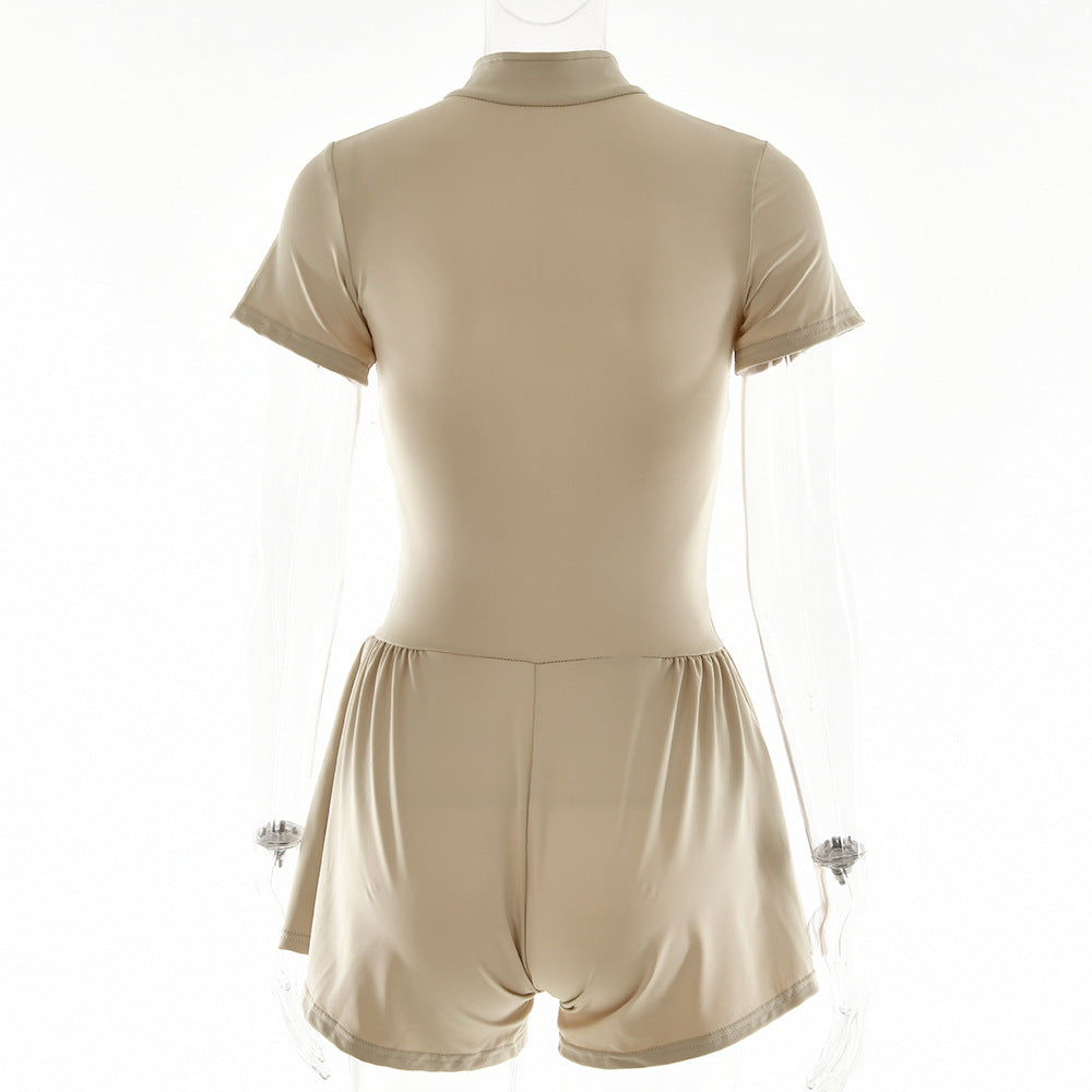 Playsuit with Zip Front and Flared Shorts - khaki back view