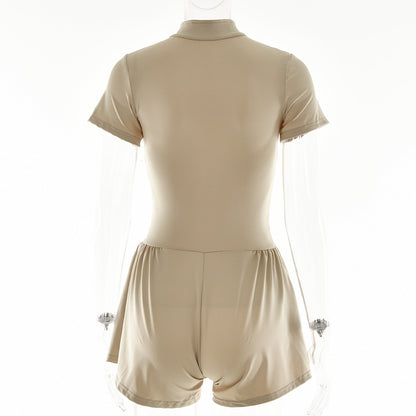 Playsuit with Zip Front and Flared Shorts - khaki back view