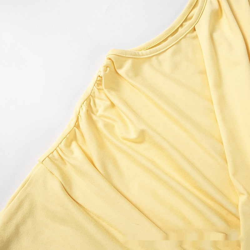 Top in Butter Yellow with One-Shoulder Drape - ruched neckline detail