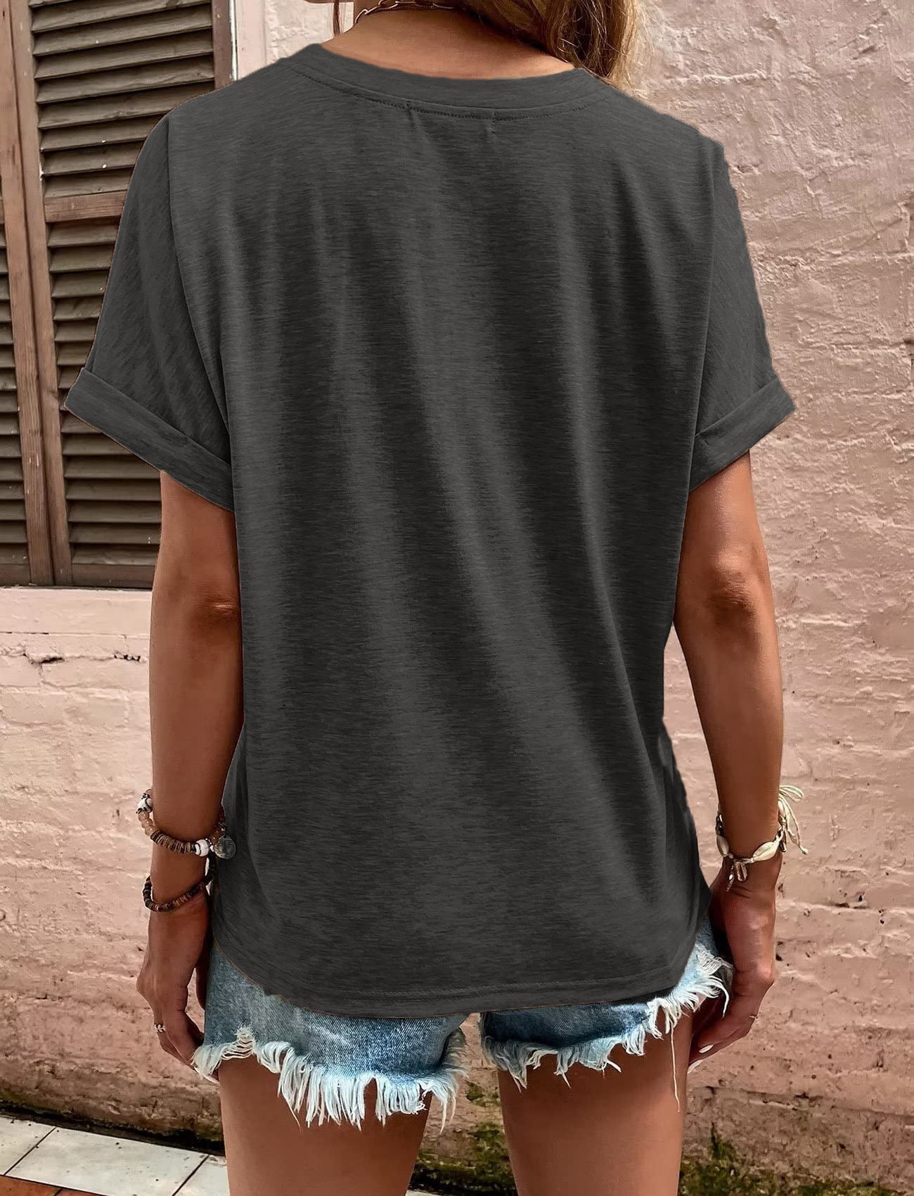 V-Neck Button Detail T-Shirt - dark grey back view