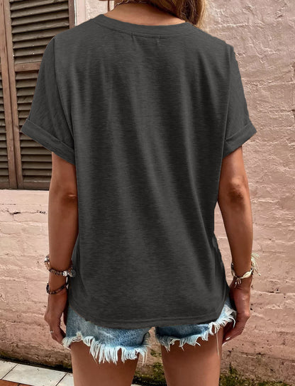 V-Neck Button Detail T-Shirt - dark grey back view