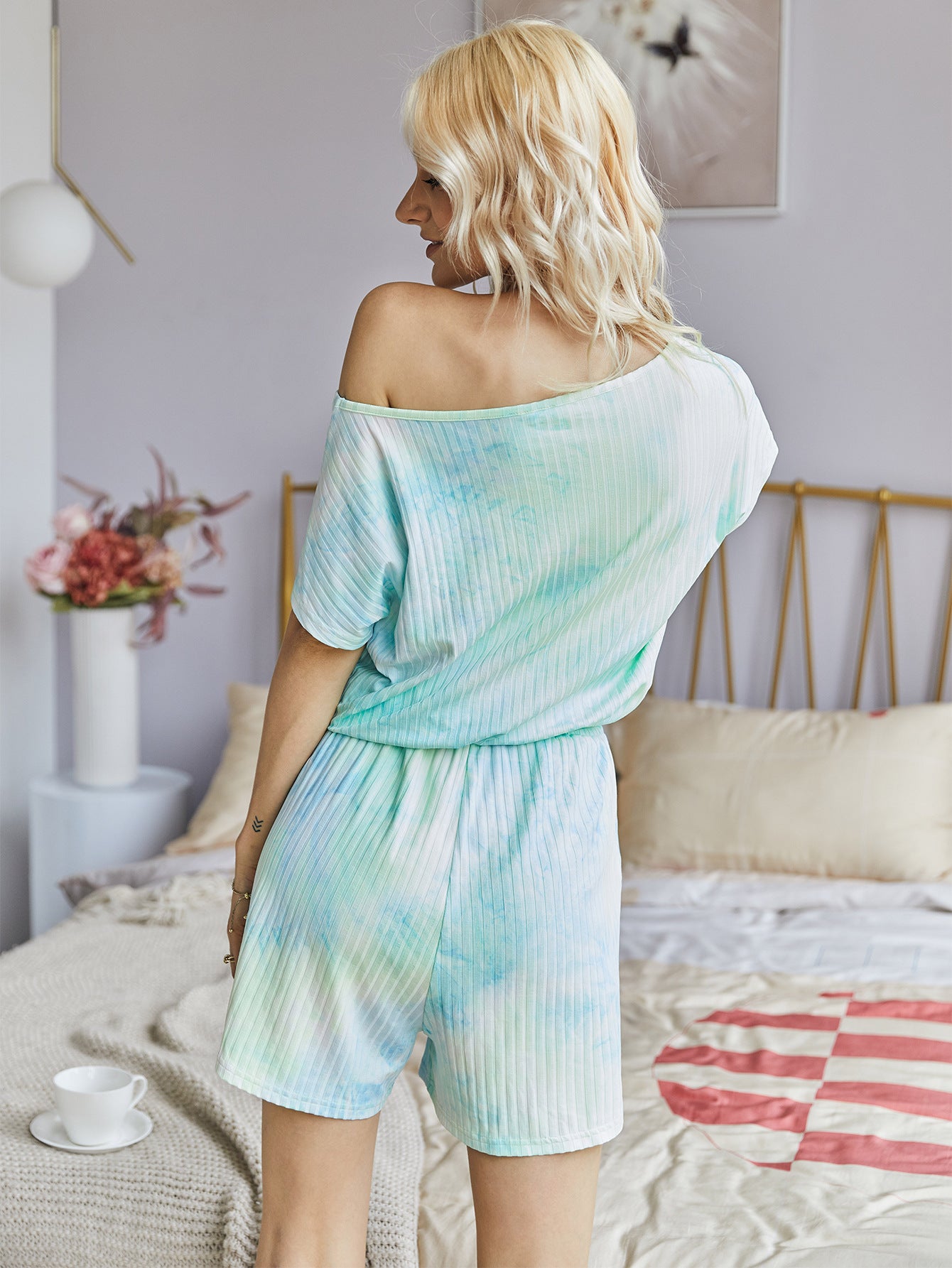 Playsuit in Ribbed Tie-Dye with One-Shoulder Neckline - green back view