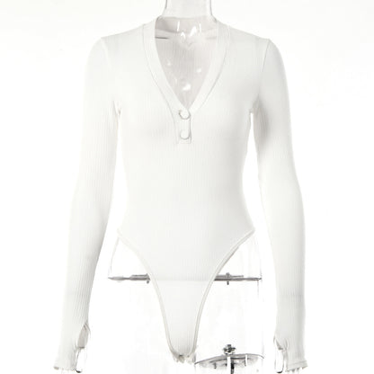 Bodysuit in Ribbed Cotton with Deep V Neck - white front mannequin view