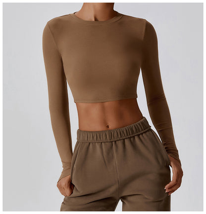 Crop Top with Thumbhole Cuffs in Quick-Dry Stretch - Caramel Mocha full-length front view
