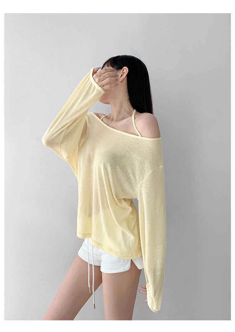 Top with Off-Shoulder Halter Strap - pastel yellow front full-length view