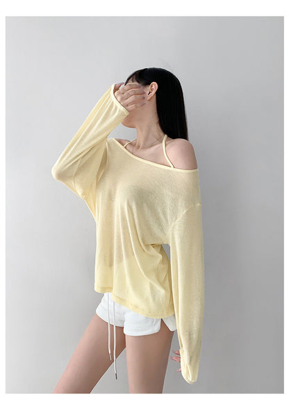 Top with Off-Shoulder Halter Strap - pastel yellow front full-length view