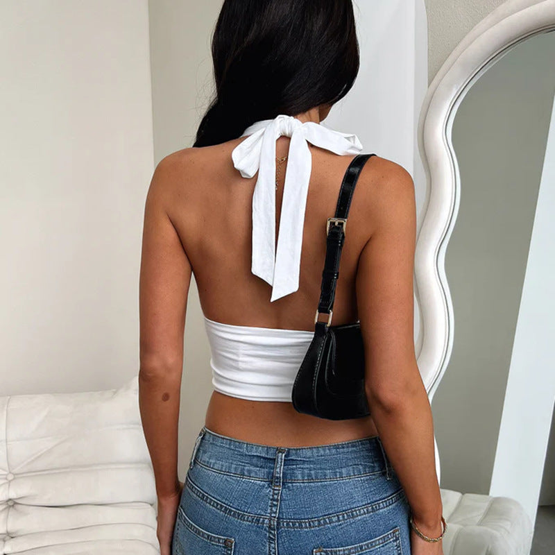 Halter Crop Top with Open Back - white back view