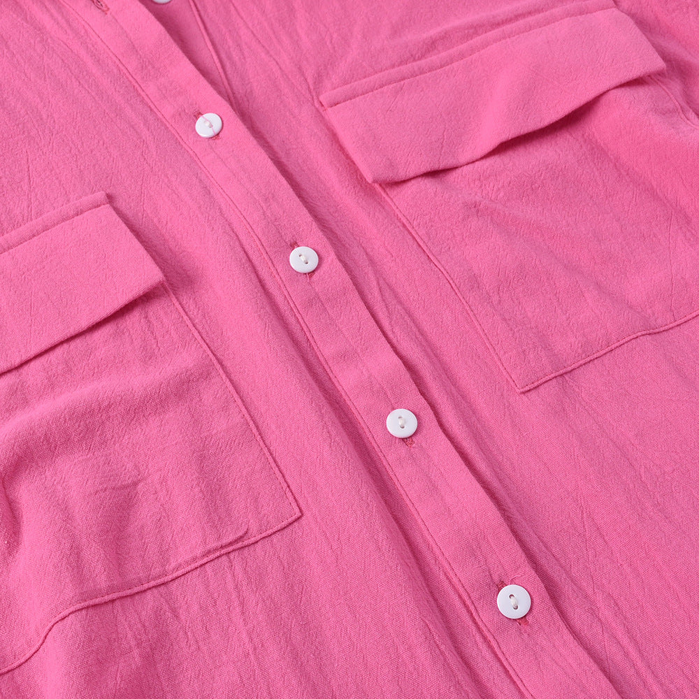Playsuit in Pink with Shirt Collar & Tie Waist - pink crinkle texture and button detail