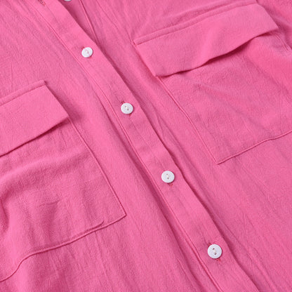 Playsuit in Pink with Shirt Collar & Tie Waist - pink crinkle texture and button detail