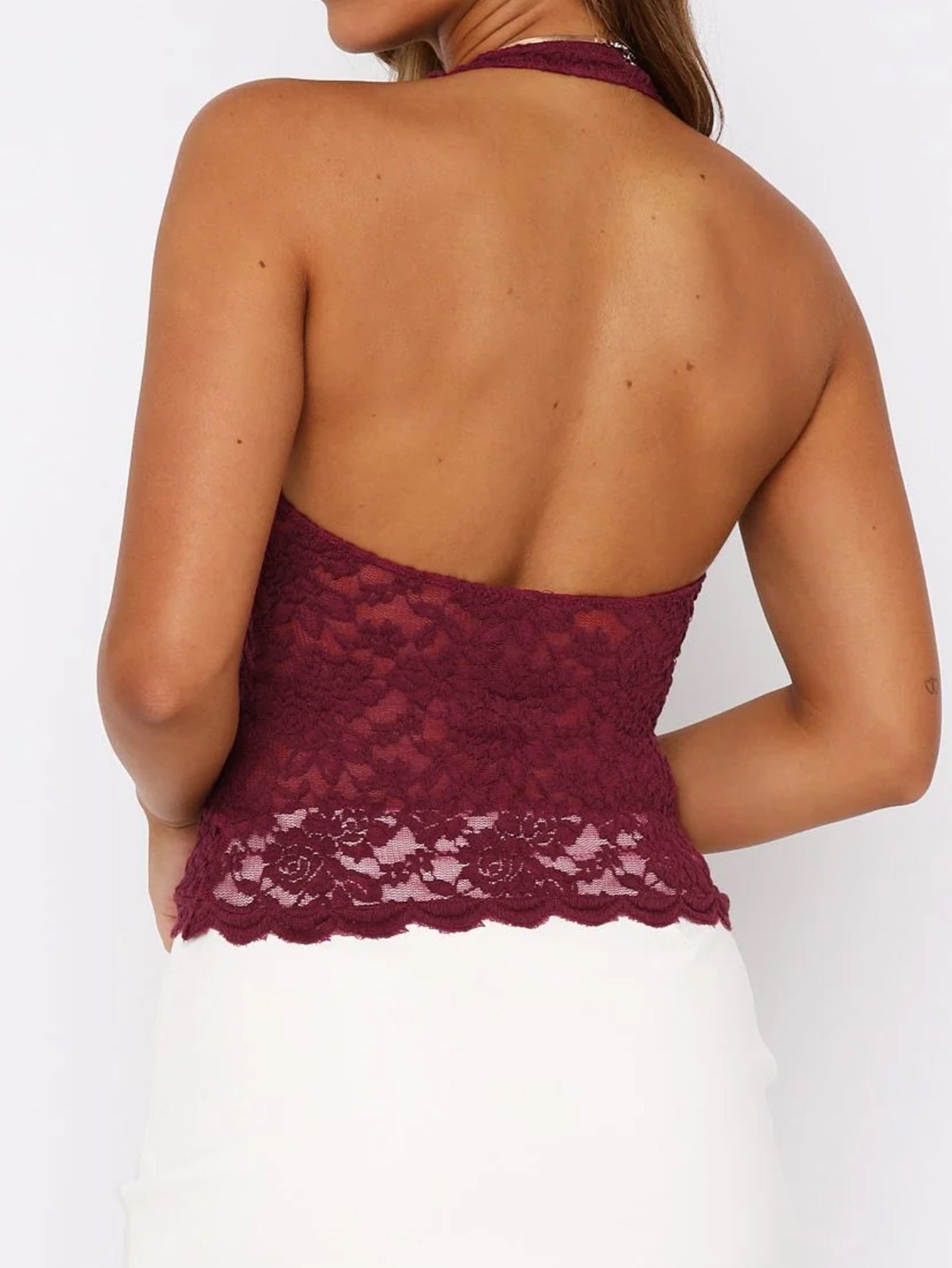 Halter Top in Sheer Floral Lace - red back view