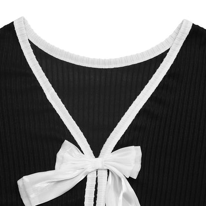 Ribbed Top in Black with Bow-Back Detail - black bow-back close-up