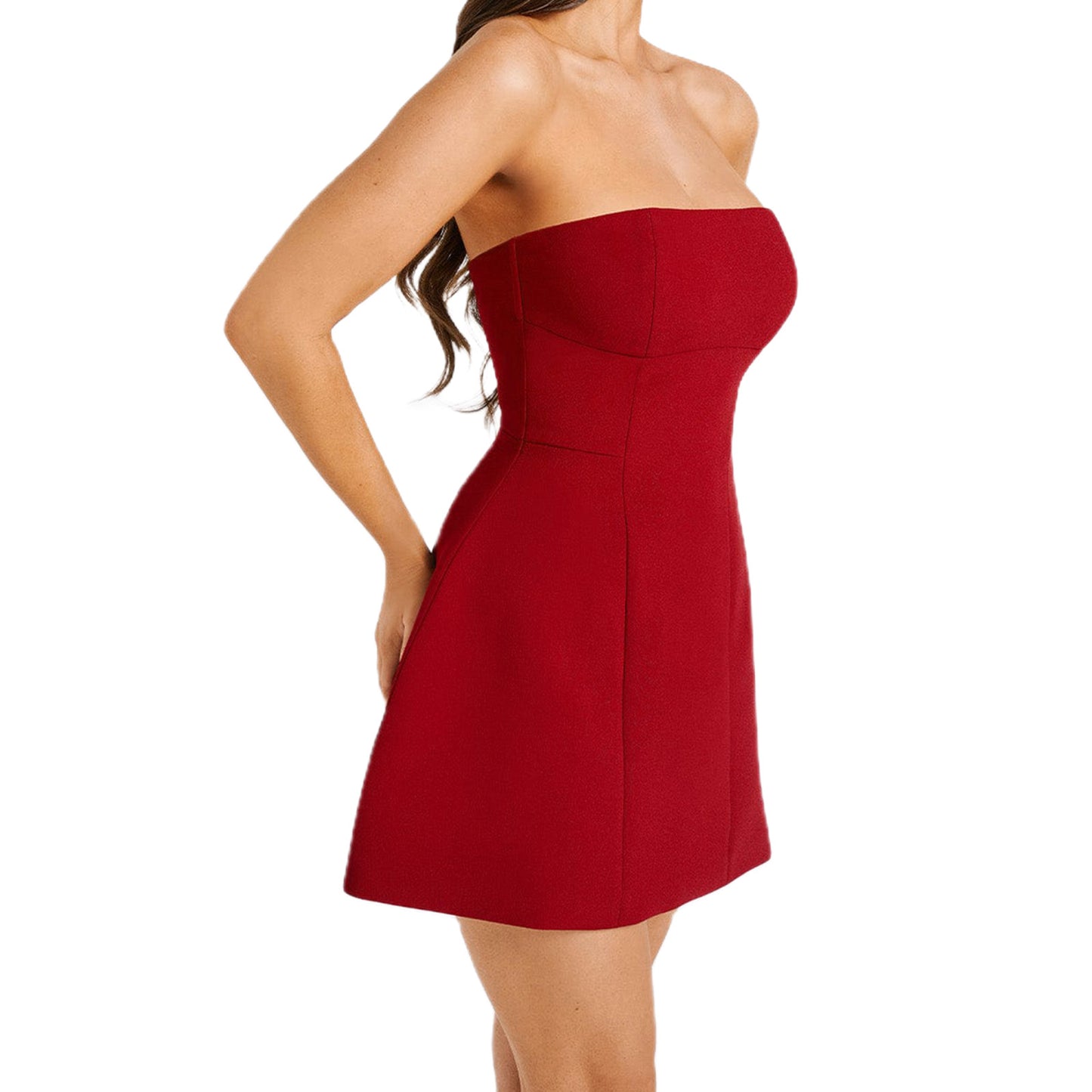 Mini Dress with Bandeau Neckline and Sculpted Skirt - dark red side view