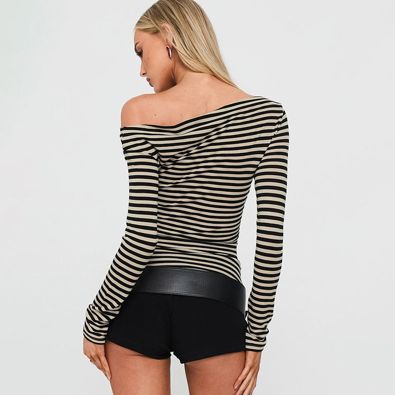 Long Sleeve Top in Black and Stone Stripe with Asymmetric Neckline - back view