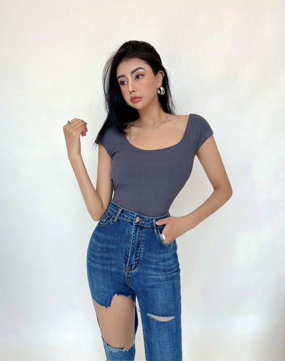 Bodysuit with Ribbed Square Neck and Open Back - carbon grey front view on model
