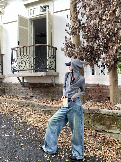 Crop Top in Grey with Wrap Front and Hood - grey full-length side view