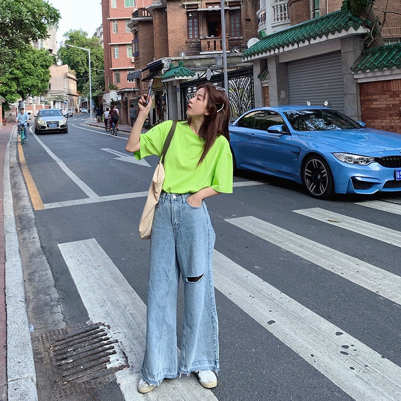 T-Shirt in Candy Colours with Relaxed Fit - fluorescent green street style
